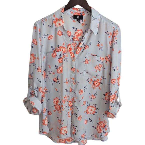 IZ Byer Blue And Pink Floral Button Up Blouse With Roll Sleeves 2XL - Picture 3 of 8